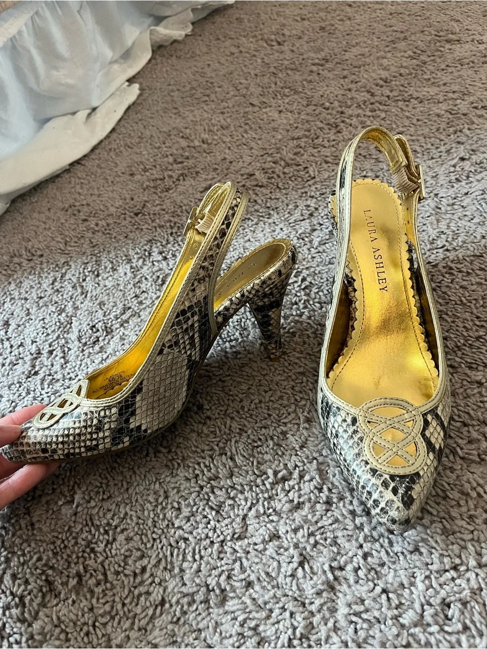 Laura Ashley Metallic Gold Snake-Print Slingback Heels